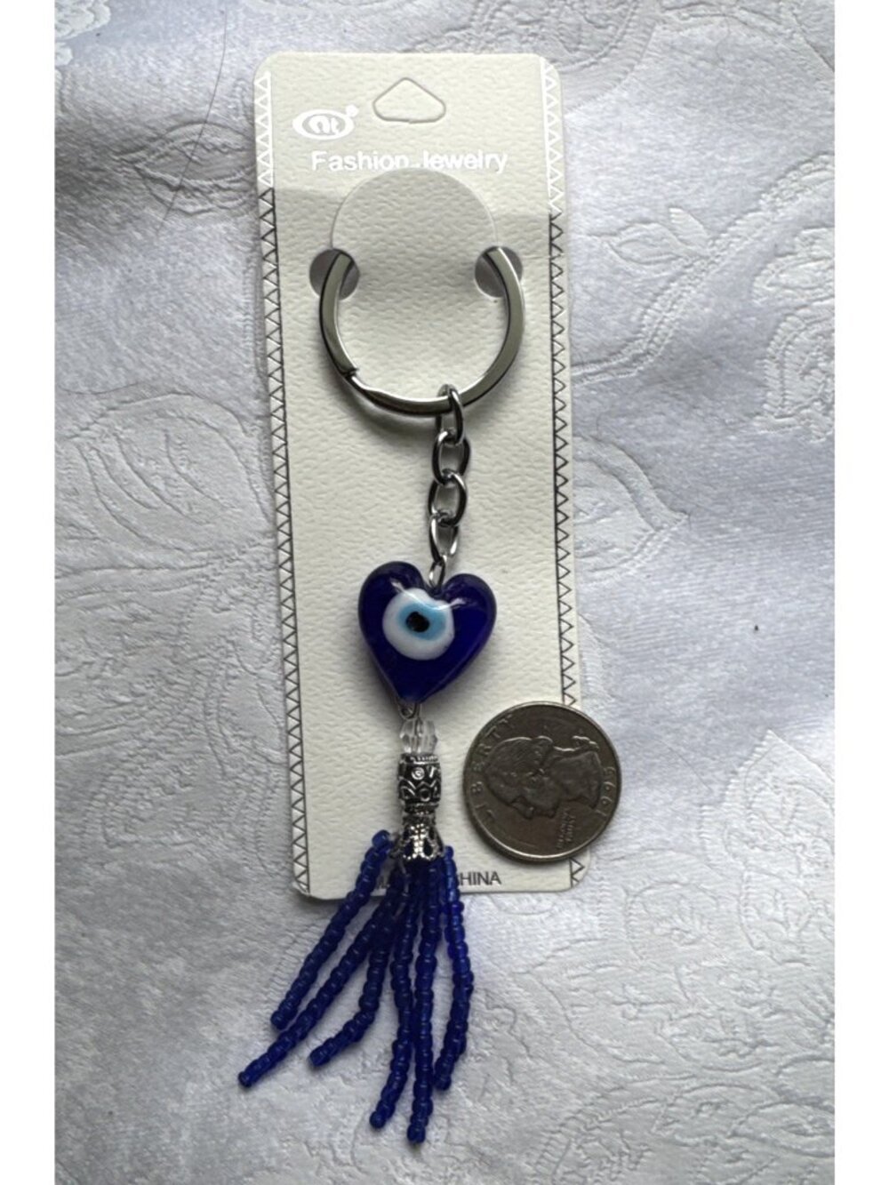 NEW Silvertone Blue Evil Eye Heart Keychain Blessing Protection Tassel Beads